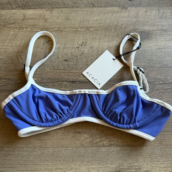 Acacia Free People Sadie Piped Ribbed Bikini Top Sapphire‎ Blue Size Petite NEW - Picture 1 of 11